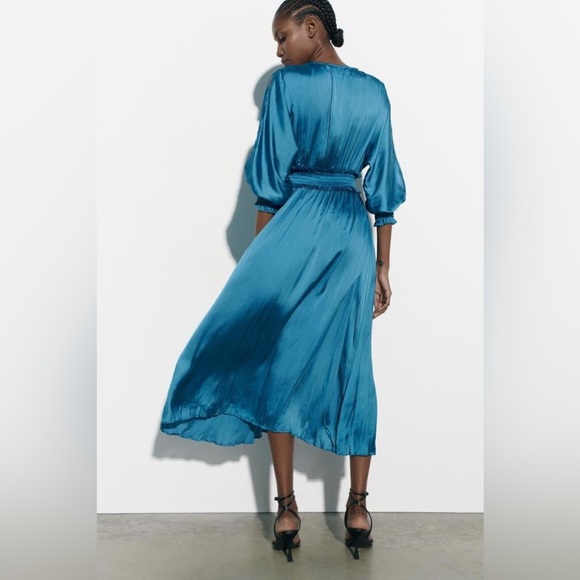 ZARA WRINKLE LOOK SATIN EFFECT MIDI DRESS Blue Steel Size M - Picture 6 of 16